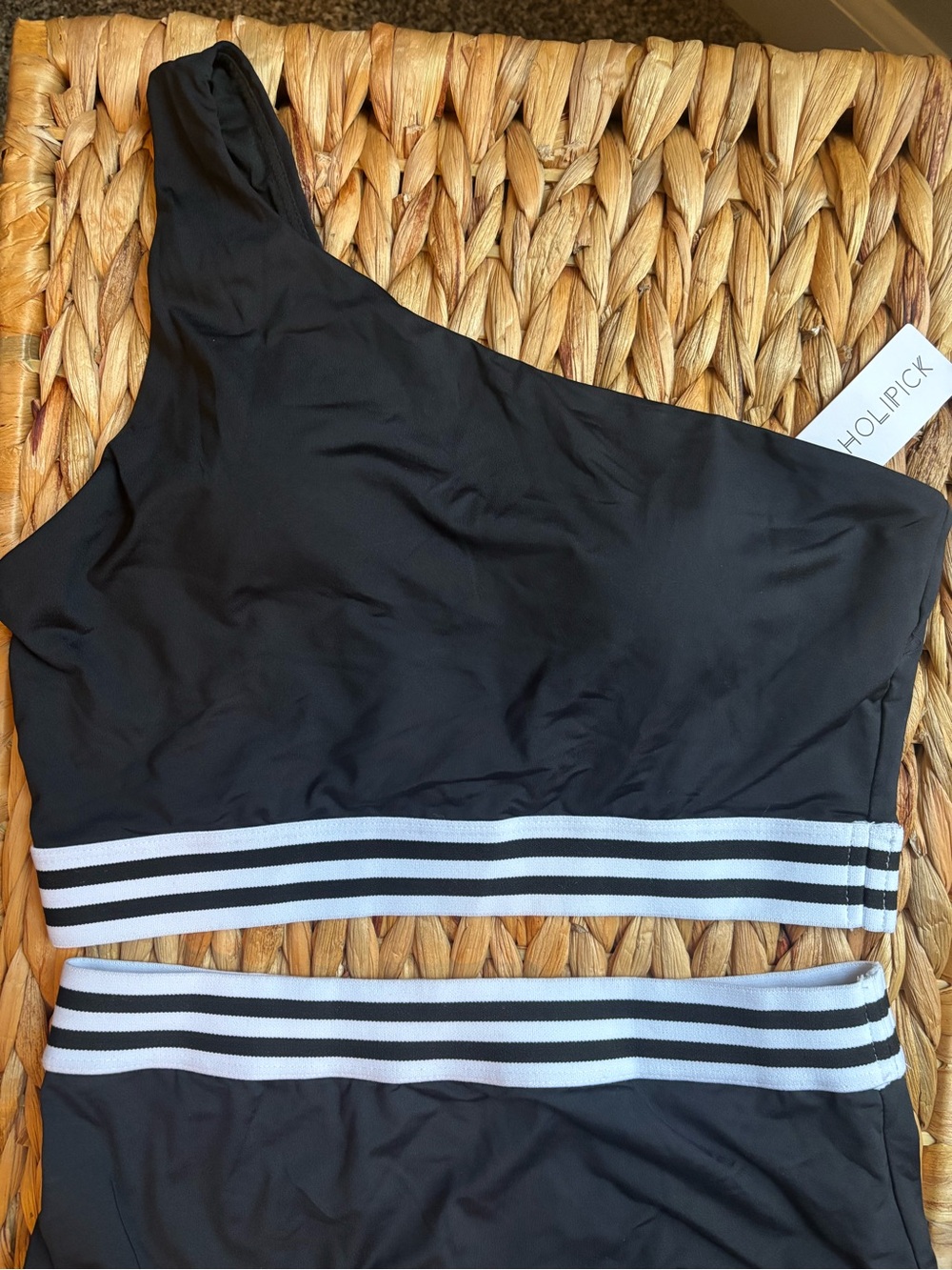 NWT One-Shoulder Black Two-Piece Swim Set High-Waisted Bottom Striped Waistband - Picture 4 of 9